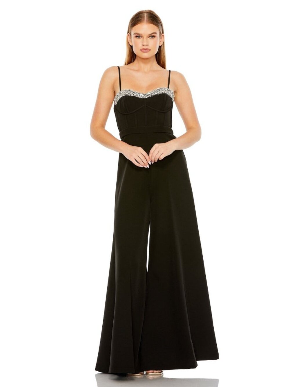 Mac Duggal Size 2 Black 11765  Rhinestone Trim Corset Bodice Wide Leg Jumpsuit